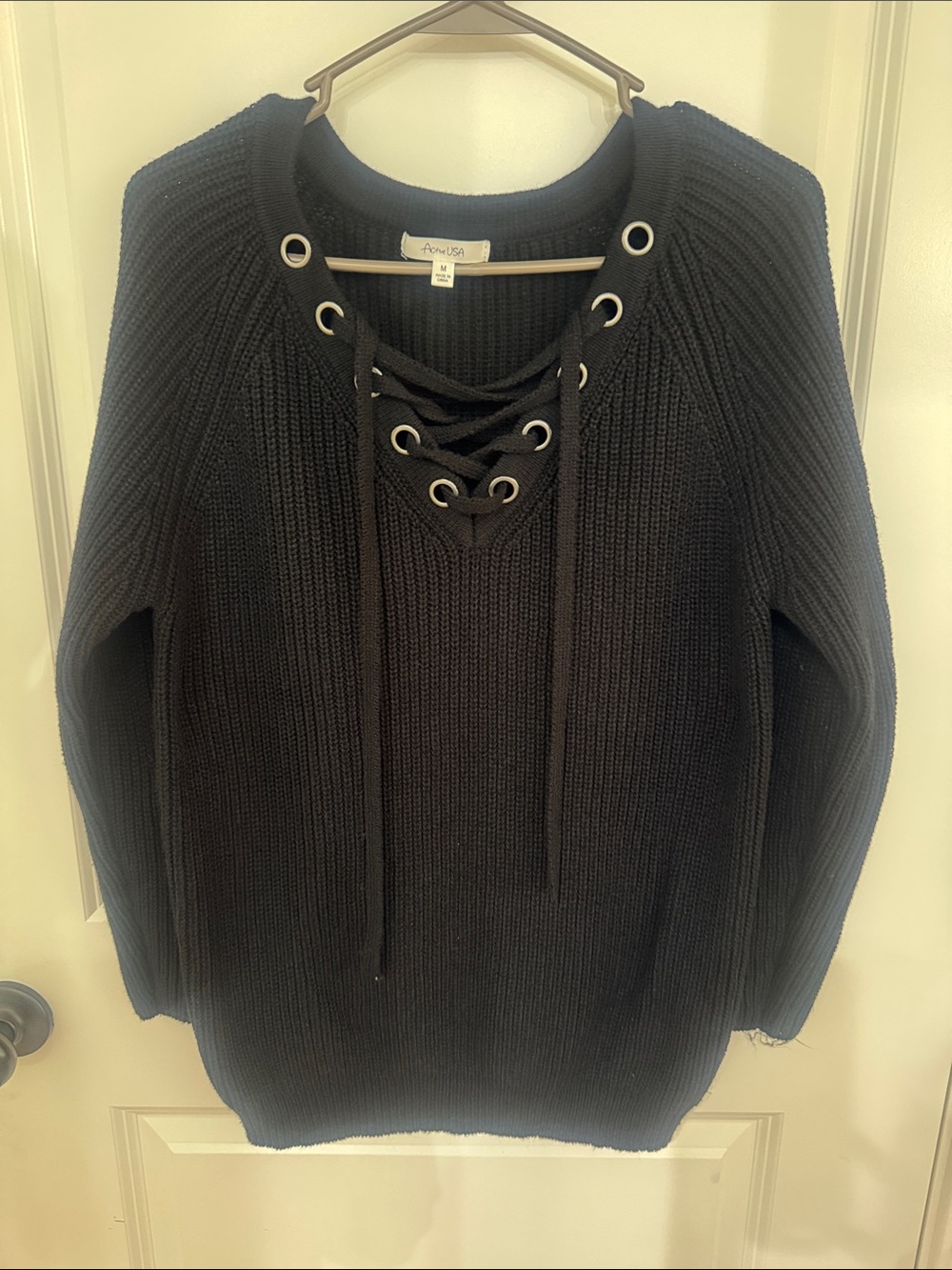 Active USA Black Lace-Up Ribbed Knit Pullover Sweater